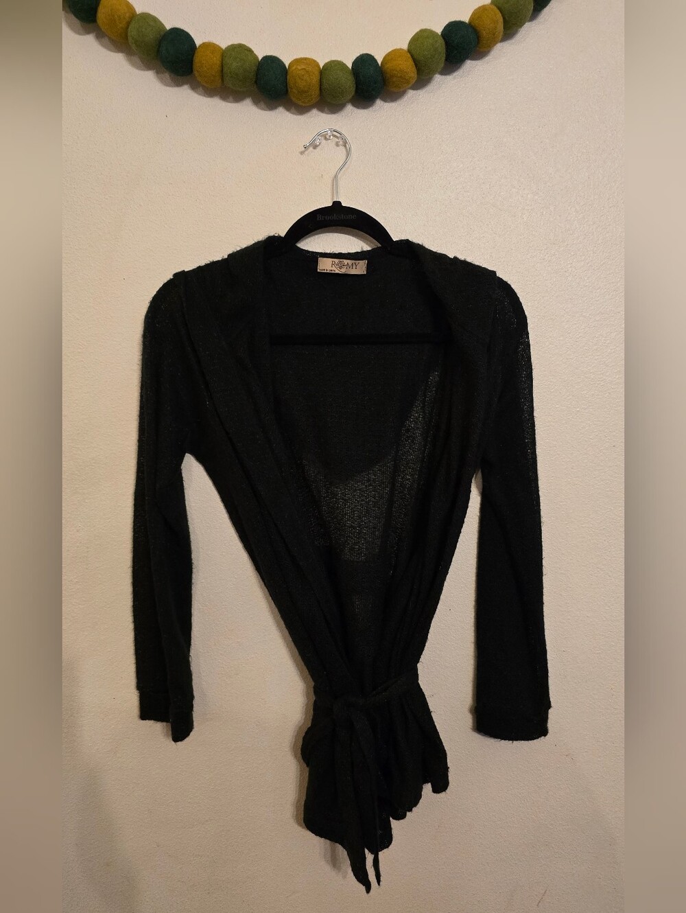 Romy Womens Large Black Belted Wrap Drape Sweater Cardigan Sheer With Hood